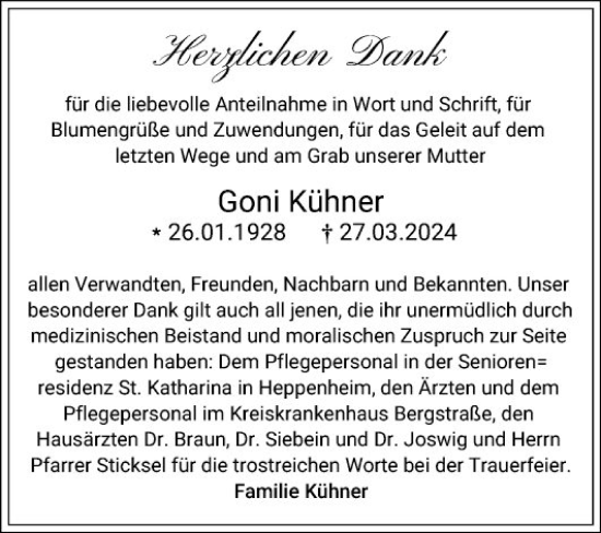 Traueranzeige von Goni Kühner von Bergsträßer Anzeiger