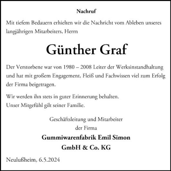 Traueranzeige von Günther Graf von Schwetzinger Zeitung