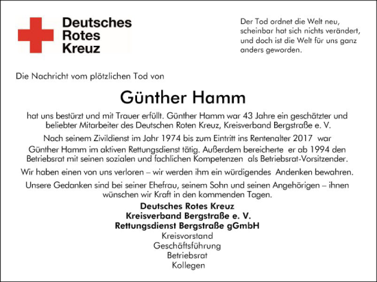Traueranzeige von Günther Hamm von Bergsträßer Anzeiger