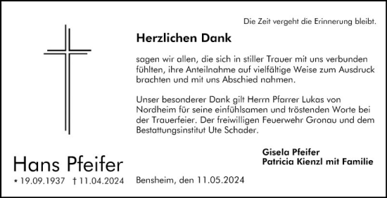 Traueranzeige von Hans Pfeifer von Bergsträßer Anzeiger