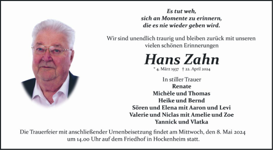 Traueranzeige von Hans Zahn von Schwetzinger Zeitung