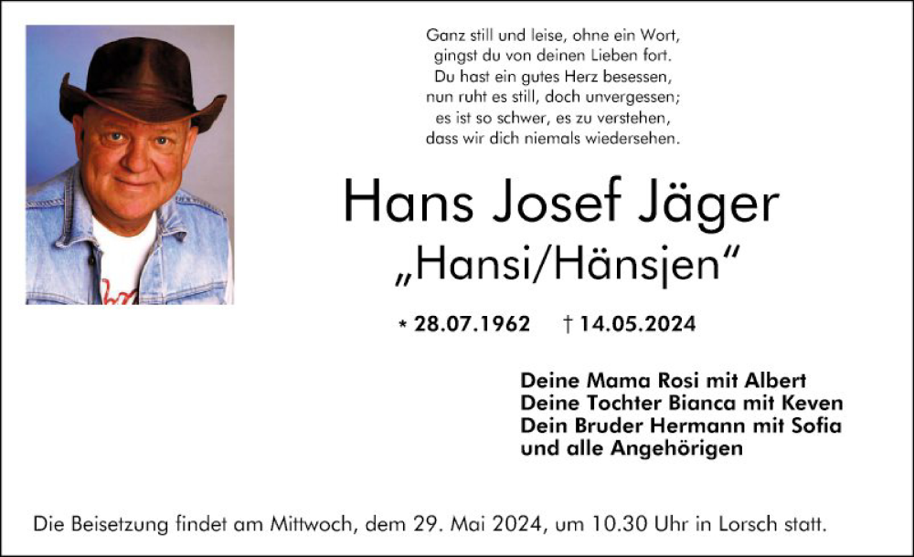  Traueranzeige für Hans Josef Jäger vom 18.05.2024 aus Bergsträßer Anzeiger