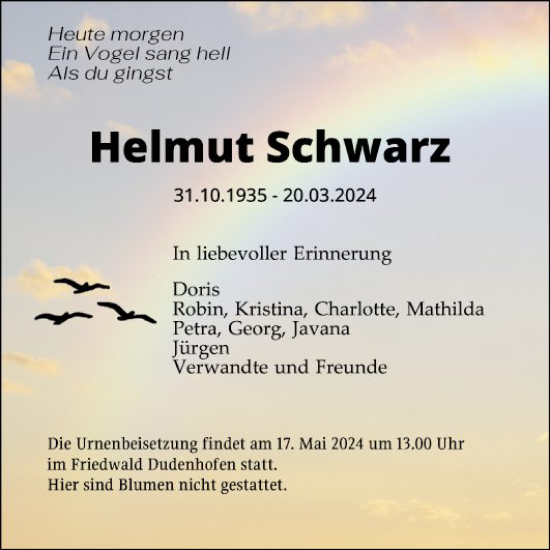 Traueranzeige von Helmut Schwarz von Mannheimer Morgen