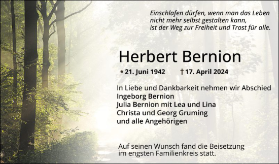 Traueranzeige von Herbert Bernion von Mannheimer Morgen