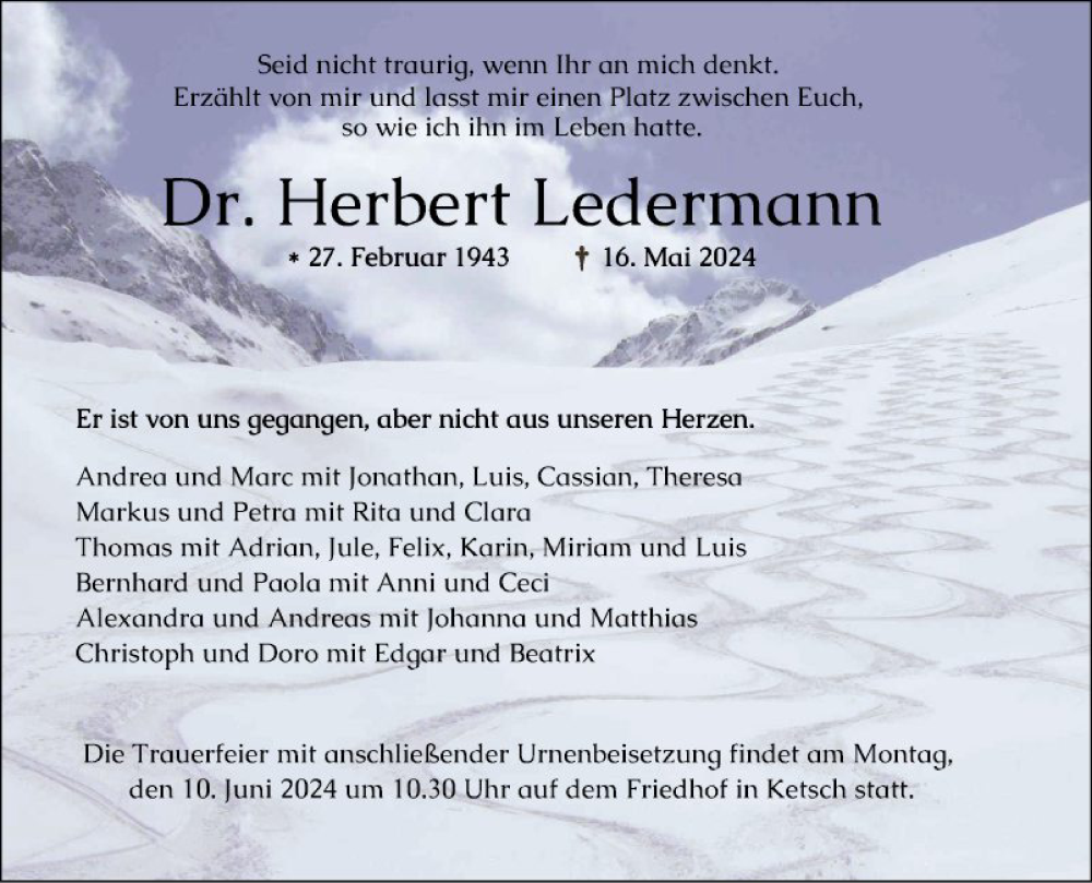  Traueranzeige für Herbert Ledermann vom 01.06.2024 aus Schwetzinger Zeitung