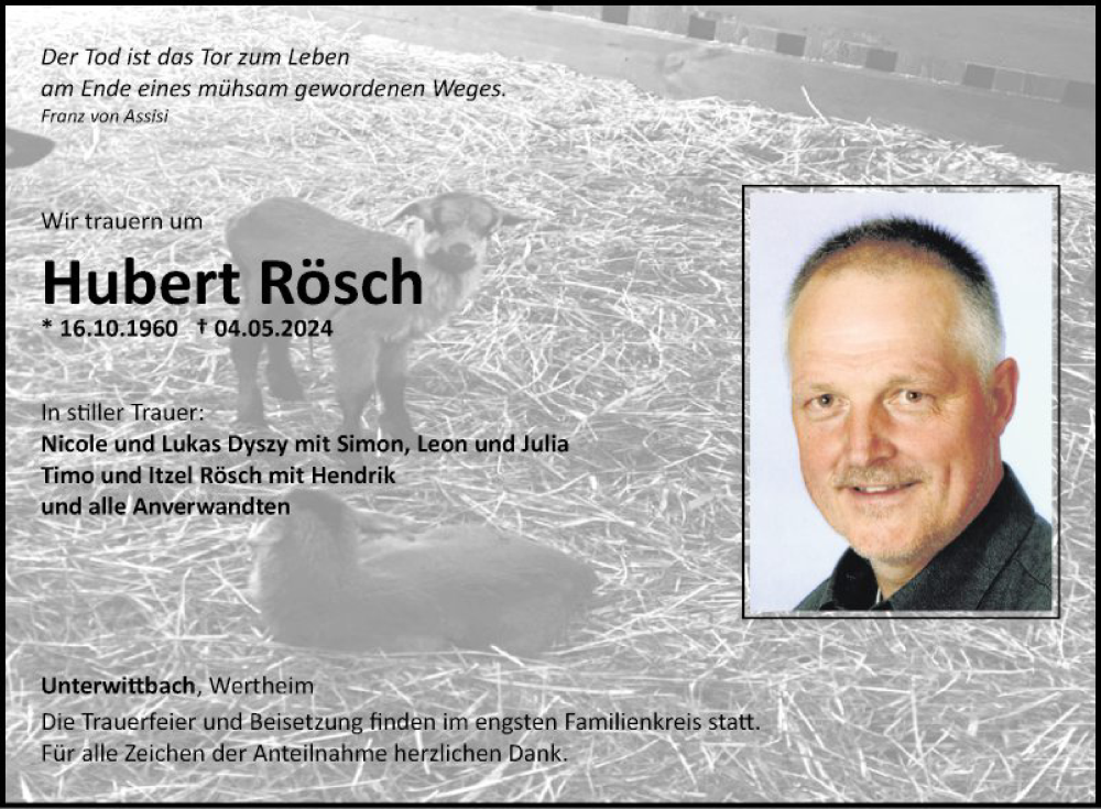  Traueranzeige für Hubert Rösch vom 11.05.2024 aus Fränkische Nachrichten