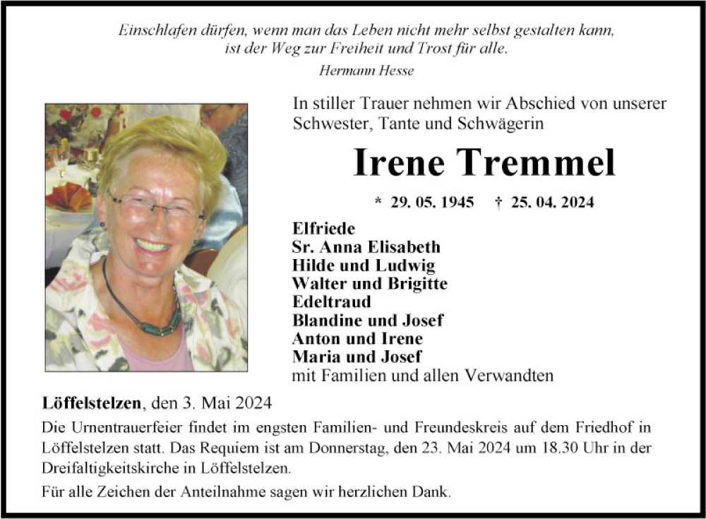  Traueranzeige für Irene Tremmel vom 03.05.2024 aus Fränkische Nachrichten