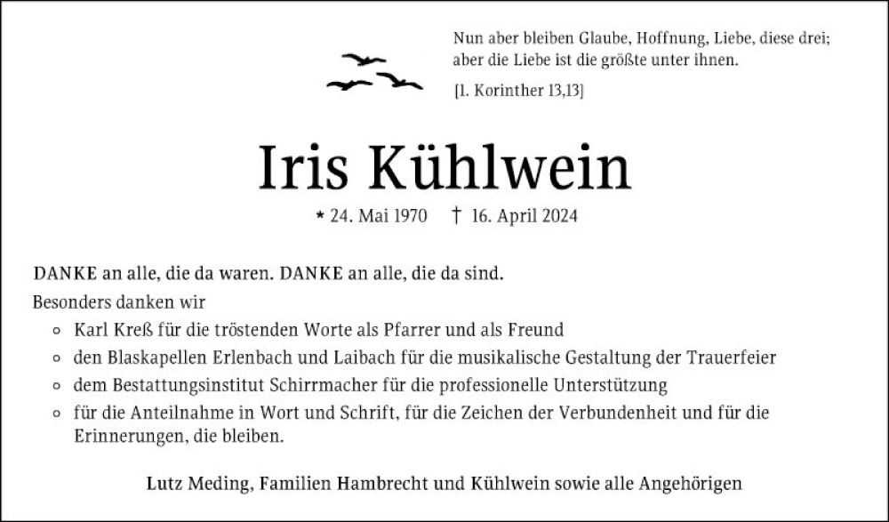  Traueranzeige für Iris Kühlwein vom 04.05.2024 aus Fränkische Nachrichten