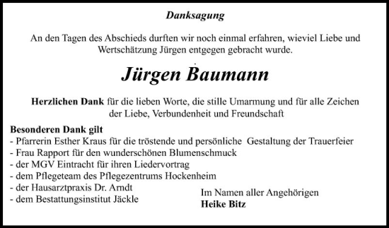 Traueranzeige von Jürgen Baumann von Schwetzinger Zeitung
