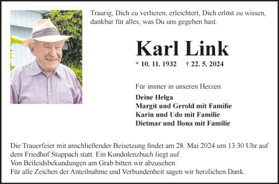 Traueranzeige von Karl Link von Fränkische Nachrichten