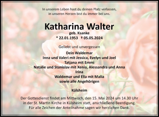 Traueranzeige von Katharina Walter von Fränkische Nachrichten