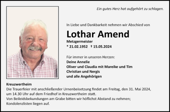 Traueranzeige von Lothar Amend von Fränkische Nachrichten
