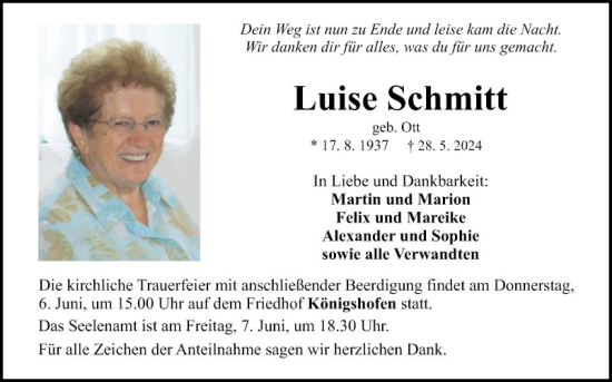 Traueranzeige von Luise Schmitt von Fränkische Nachrichten