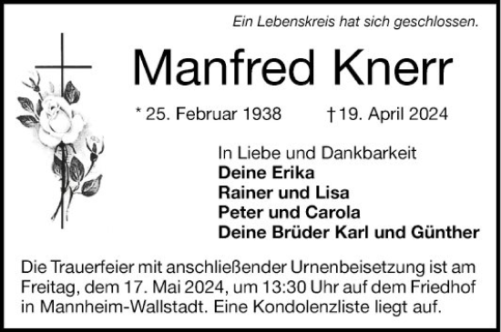 Traueranzeige von Manfred Knerr von Mannheimer Morgen