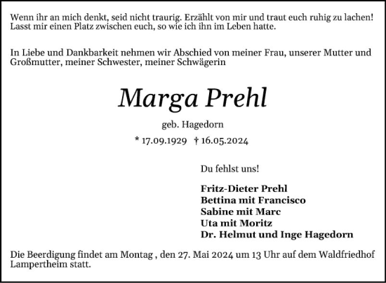 Traueranzeige von Marga Prehl von Mannheimer Morgen