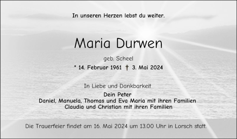  Traueranzeige für Maria Durwen vom 11.05.2024 aus Bergsträßer Anzeiger
