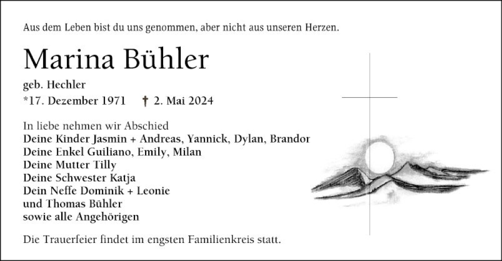  Traueranzeige für Marina Bühler vom 11.05.2024 aus Bergsträßer Anzeiger