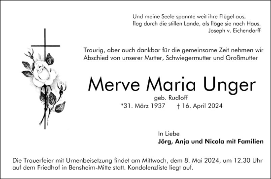 Traueranzeige von Merve Mari Unger von Bergsträßer Anzeiger