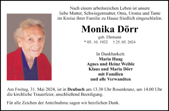 Traueranzeige von Monika Dörr von Fränkische Nachrichten