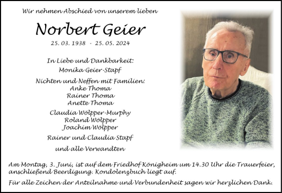 Traueranzeige von Norbert Geier von Fränkische Nachrichten