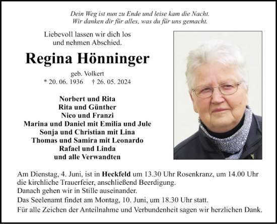 Traueranzeige von Regina Hönninger von Fränkische Nachrichten