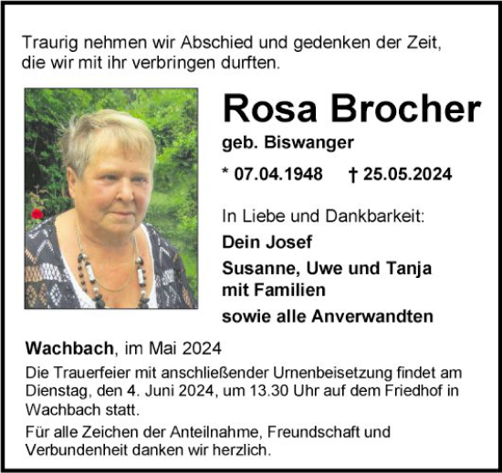Traueranzeige von Rosa Brocher von Fränkische Nachrichten
