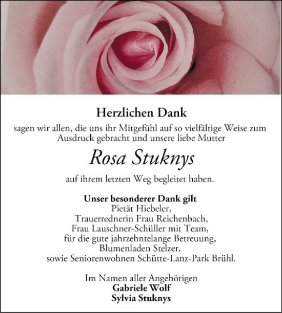 Traueranzeige von Rosa Stuknys von Schwetzinger Zeitung