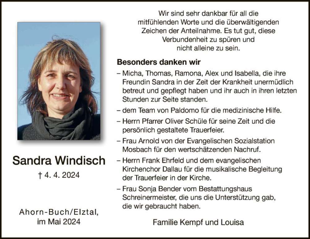 Traueranzeige für Sandra Windisch vom 11.05.2024 aus Fränkische Nachrichten