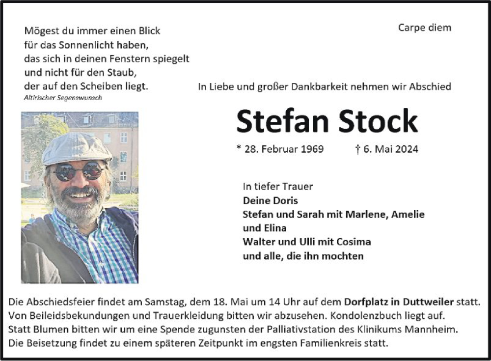  Traueranzeige für Stefan Stock vom 11.05.2024 aus Mannheimer Morgen