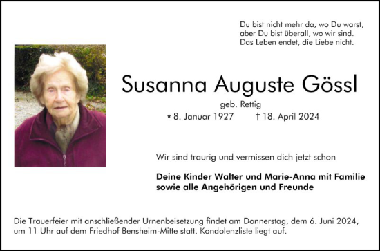 Traueranzeige von Susanna Auguste Gössl von Bergsträßer Anzeiger