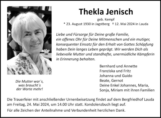 Traueranzeige von Thekla Jenisch von Fränkische Nachrichten