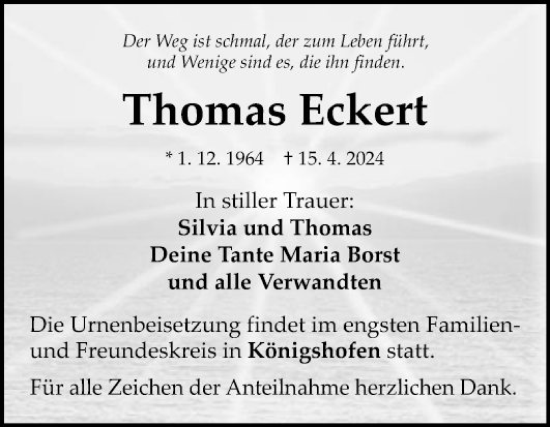 Traueranzeige von Thomas Eckert von Fränkische Nachrichten