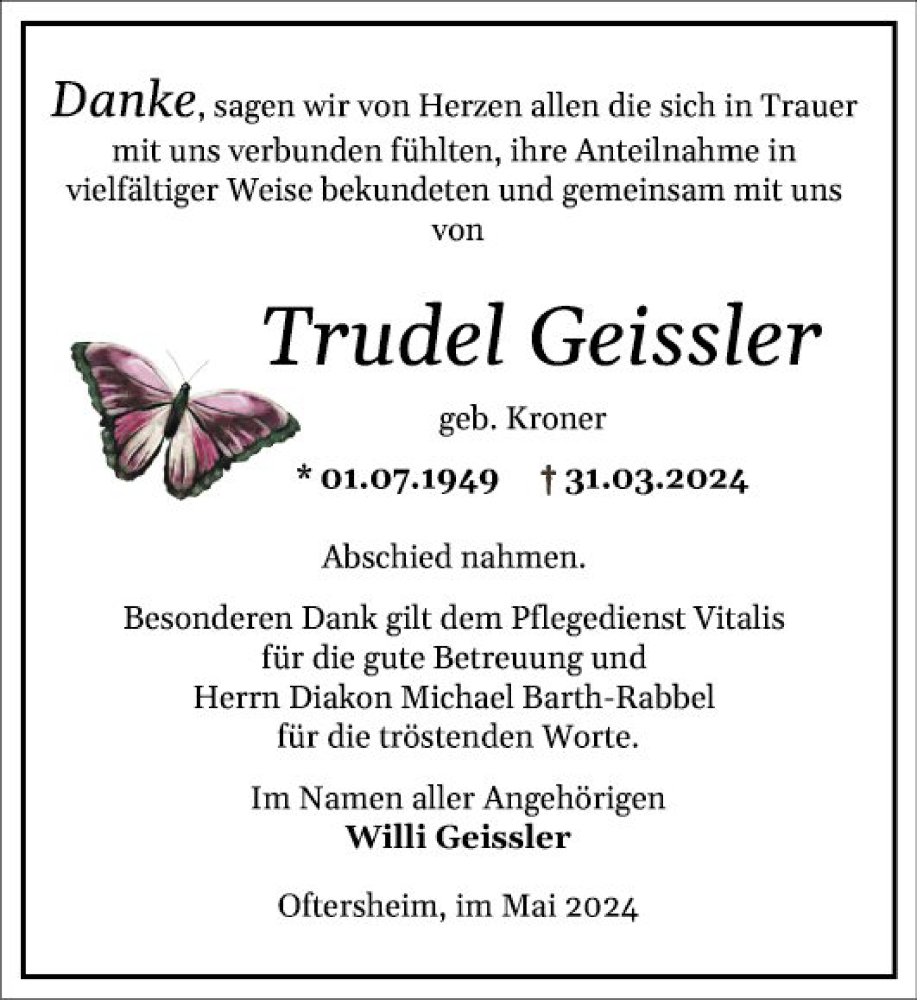  Traueranzeige für Trudel Geissler vom 04.05.2024 aus Schwetzinger Zeitung