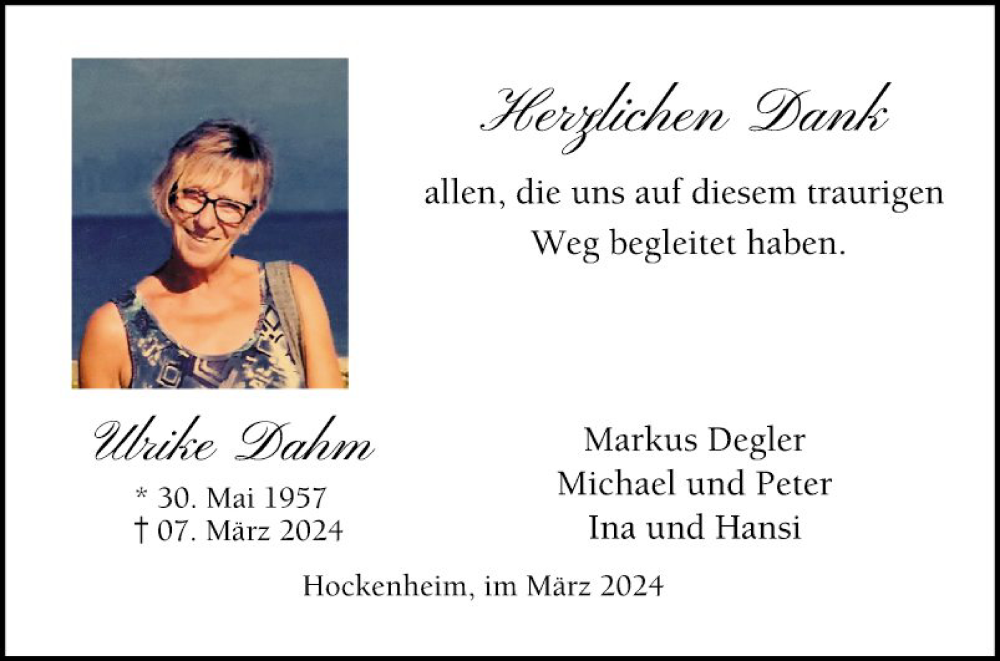  Traueranzeige für Ulrike Dahm vom 11.05.2024 aus Schwetzinger Zeitung