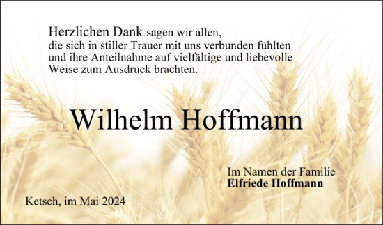 Traueranzeige von Wilhelm Hoffmann von Schwetzinger Zeitung