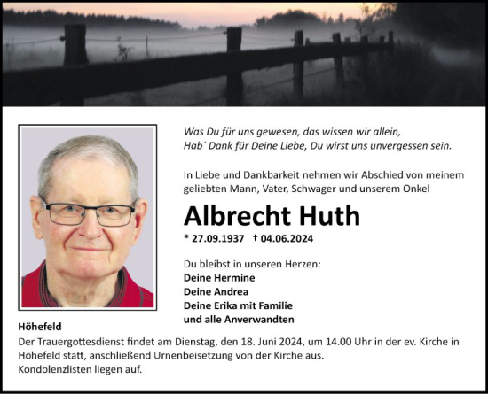 Traueranzeige von Albrecht Huth von Fränkische Nachrichten