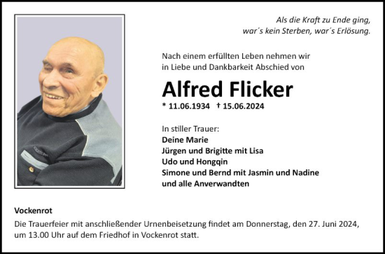 Traueranzeige von Alfred Flicker von Fränkische Nachrichten