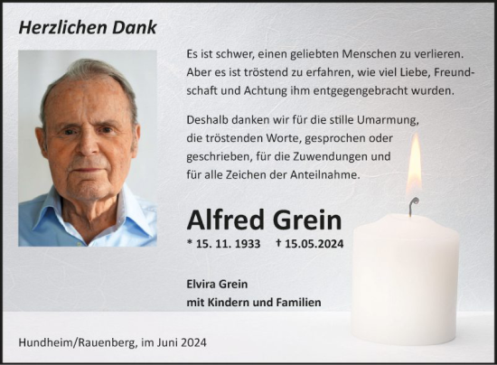 Traueranzeige von Alfred Grein von Fränkische Nachrichten