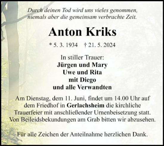 Traueranzeige von Anton Kriks von Fränkische Nachrichten