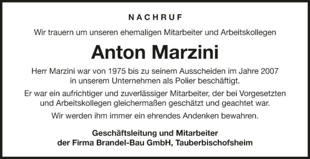  Traueranzeige für Anton Marzini vom 15.06.2024 aus Fränkische Nachrichten