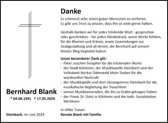 Traueranzeige von Bernhard Blank von Fränkische Nachrichten
