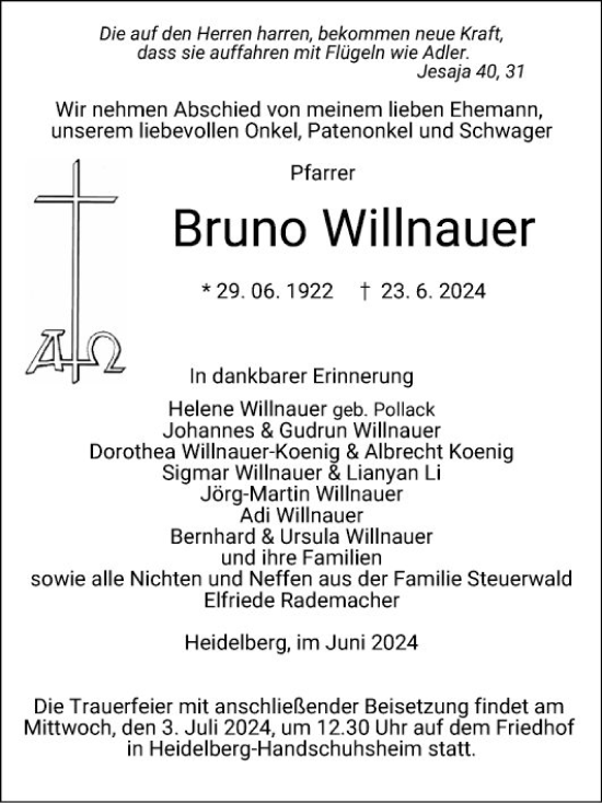 Traueranzeige von Bruno Willnauer von Mannheimer Morgen