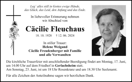 Traueranzeige von Cäcilie Fleuchaus von Fränkische Nachrichten