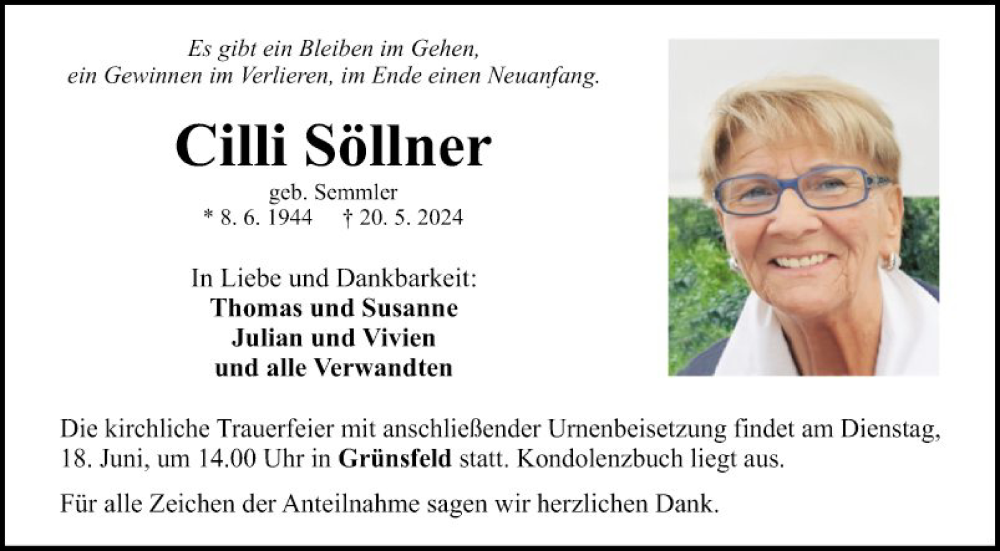  Traueranzeige für Cilli Söllner vom 08.06.2024 aus Fränkische Nachrichten