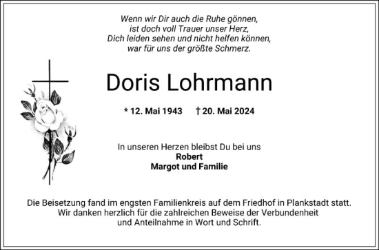 Traueranzeige von Doris Lohrmann von Schwetzinger Zeitung