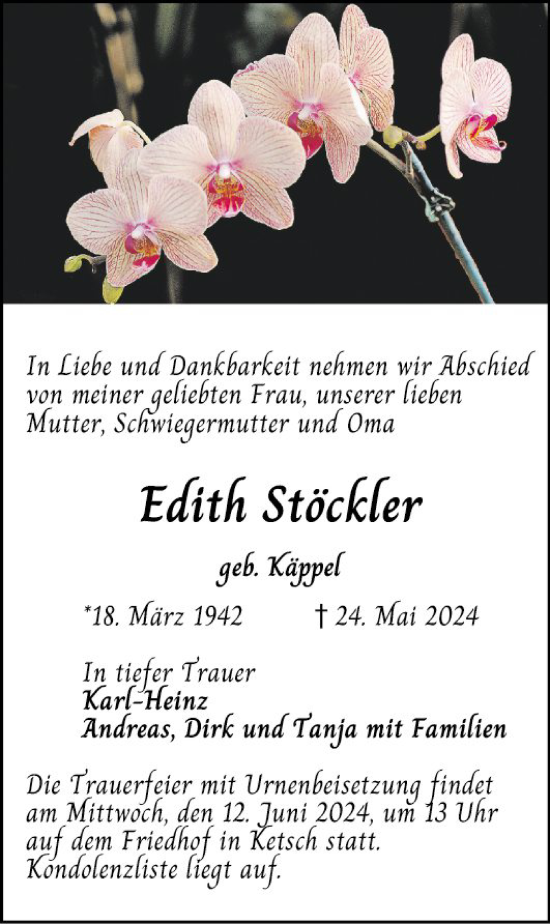 Traueranzeige von Edith Stöckler von Schwetzinger Zeitung