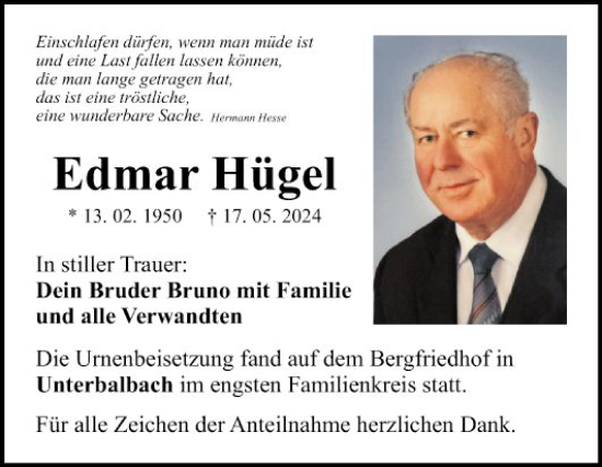 Traueranzeige von Edmar Hügel von Fränkische Nachrichten