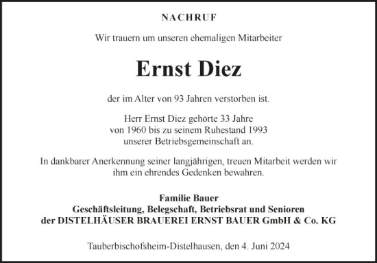 Traueranzeige von Ernst Diez von Fränkische Nachrichten