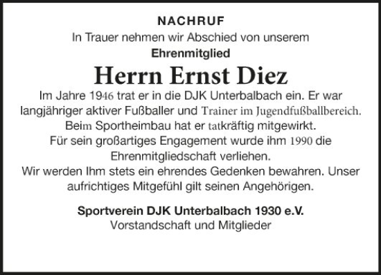 Traueranzeige von Ernst Diez von Fränkische Nachrichten