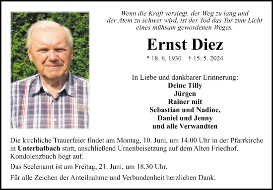 Traueranzeige von Ernst Diez von Fränkische Nachrichten